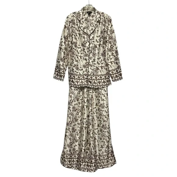 Japna Floral Toile 2-Piece Satin Pajama Set Lounge Wear Brown & Cream Size Small - Picture 1 of 9